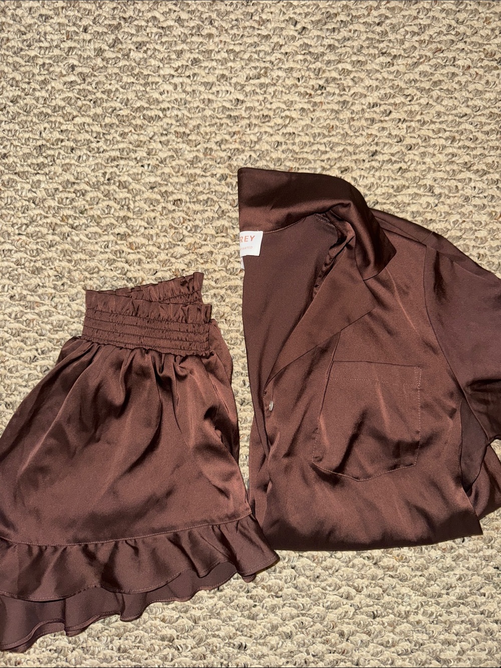 Birdy Grey Brown Satin Ruffle Pajama Set